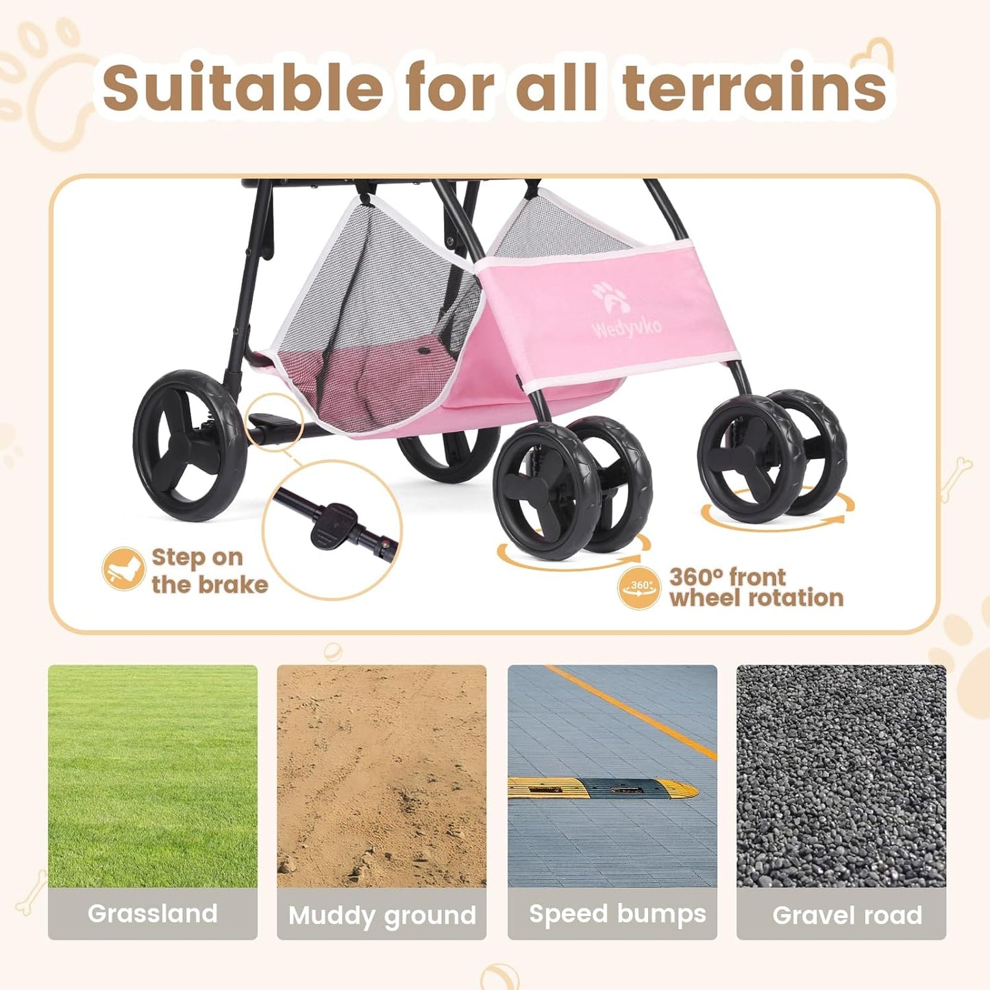 Pet Stroller, 4 Wheels Pet Strolling Cart for Medium/Small Dogs and Cats, Foldable Cat Jogger/Dog Stroller with Cup Holder, Storage Basket, Breathable Mesh, All-Season Pet Carrier (Pink)