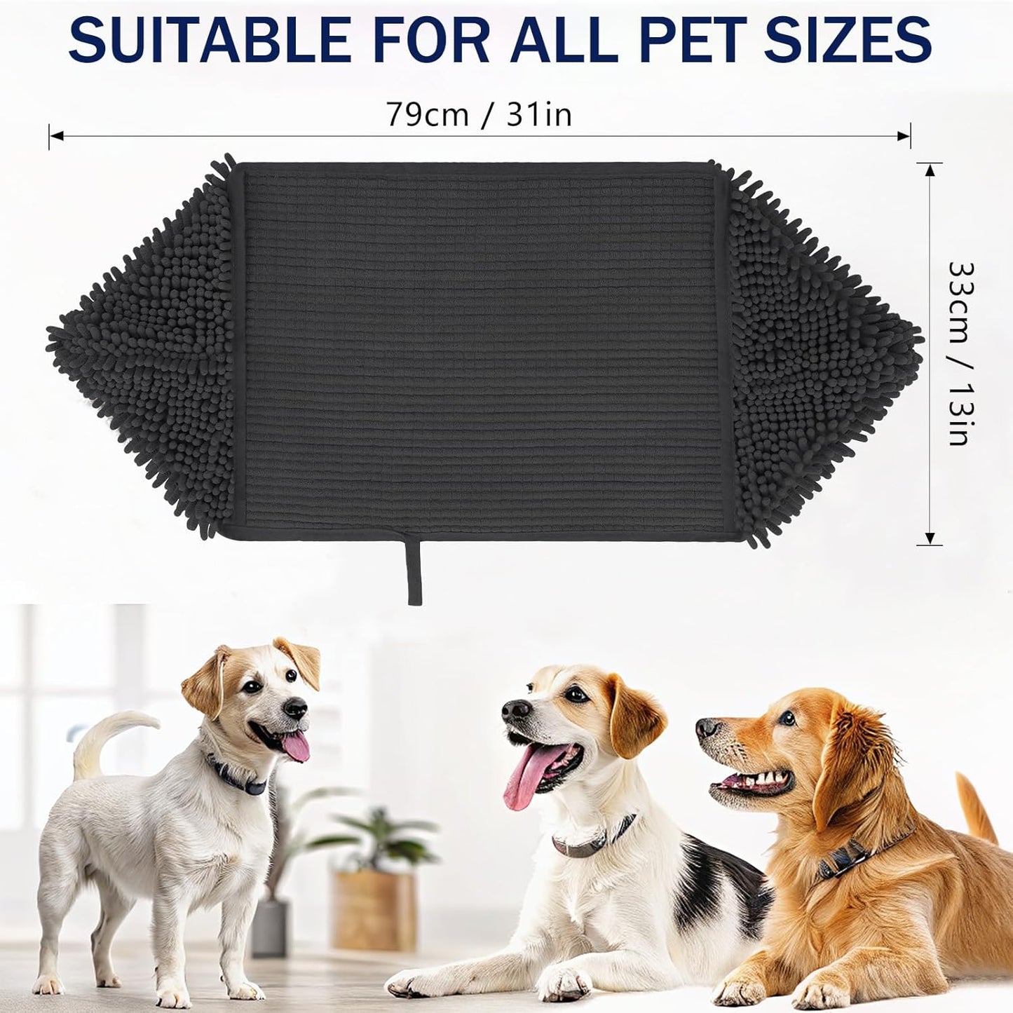 OLANLY Chenille Dog Bath Towel 31x13, Ultra Absorbent Quick Dry Pet Towel, Extra Soft Washable Plush Towel for Large Dogs & Puppies, Indoor Outdoor Use, Dark Grey