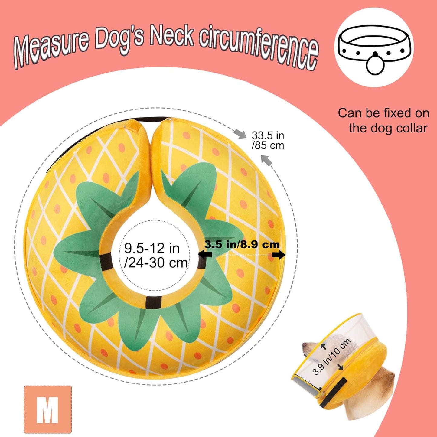 Inflatable Dog Cone Collar for Large Medium Small Dogs, Soft Dog Donut Collar Adjustable Recovery Cone for Pets After Surgery, Extra Enhanced Anti-Licking Guard Shield (Pineapple, Medium)