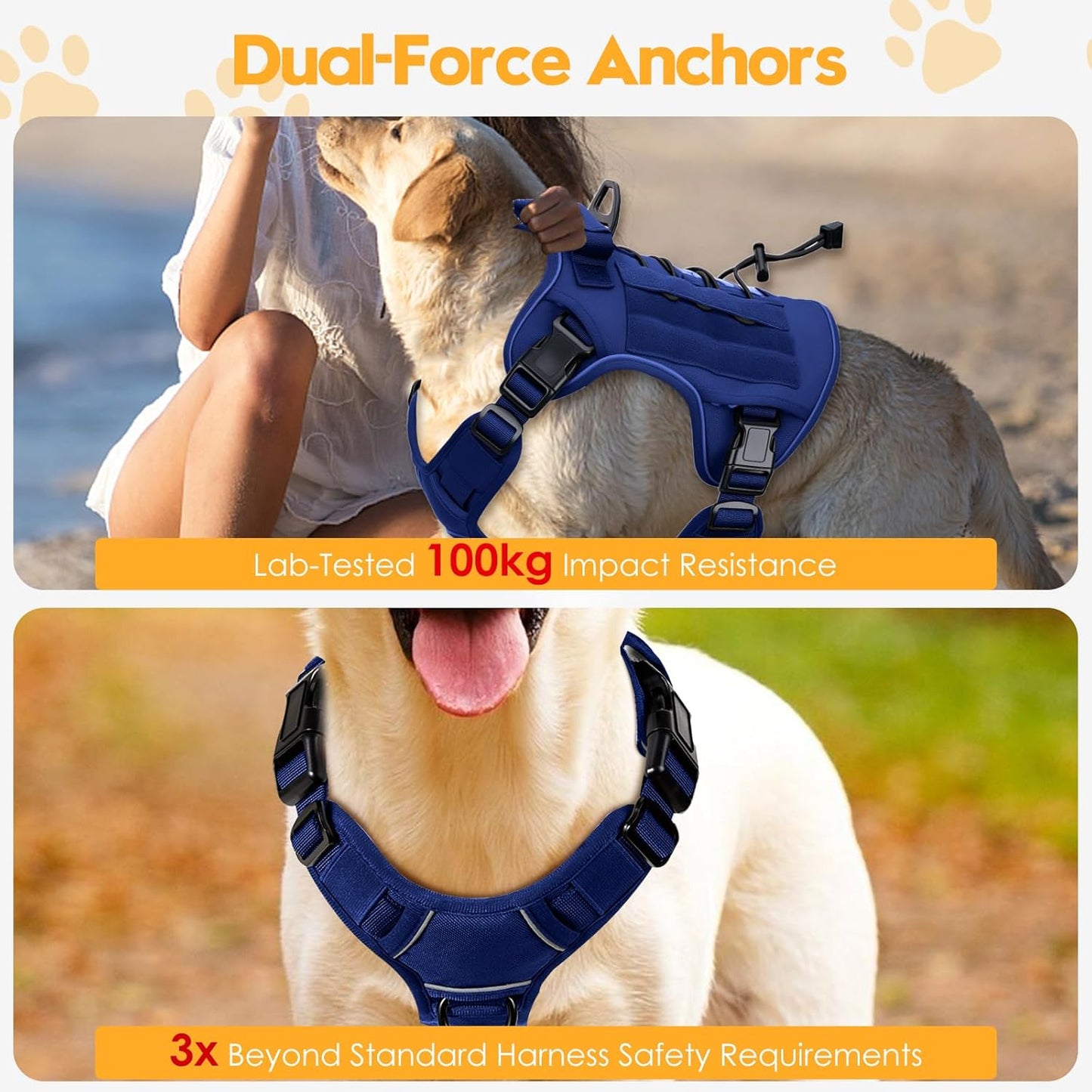Heavy-Duty Tactical Dog Harness for Large Dogs, No Pull Adjustable Reflective Pet Vest with Molle System, K9 Military-Grade Control for Service Training, Outdoor & 10+ Breeds, Dazzling Blue, XX-Large