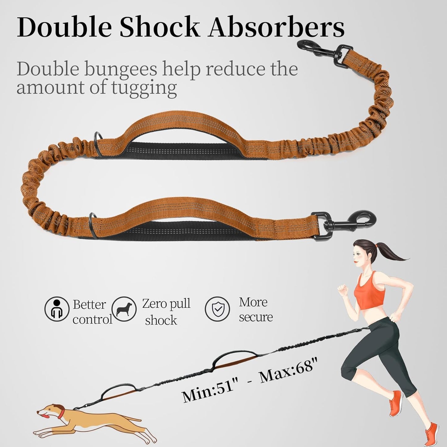 iYoShop Hands Free Dog Leash with Zipper Pouch, Dual Padded Handles and Durable Bungee for Walking, Jogging and Running Your Dog (Large, 25-120 lbs, Brown)