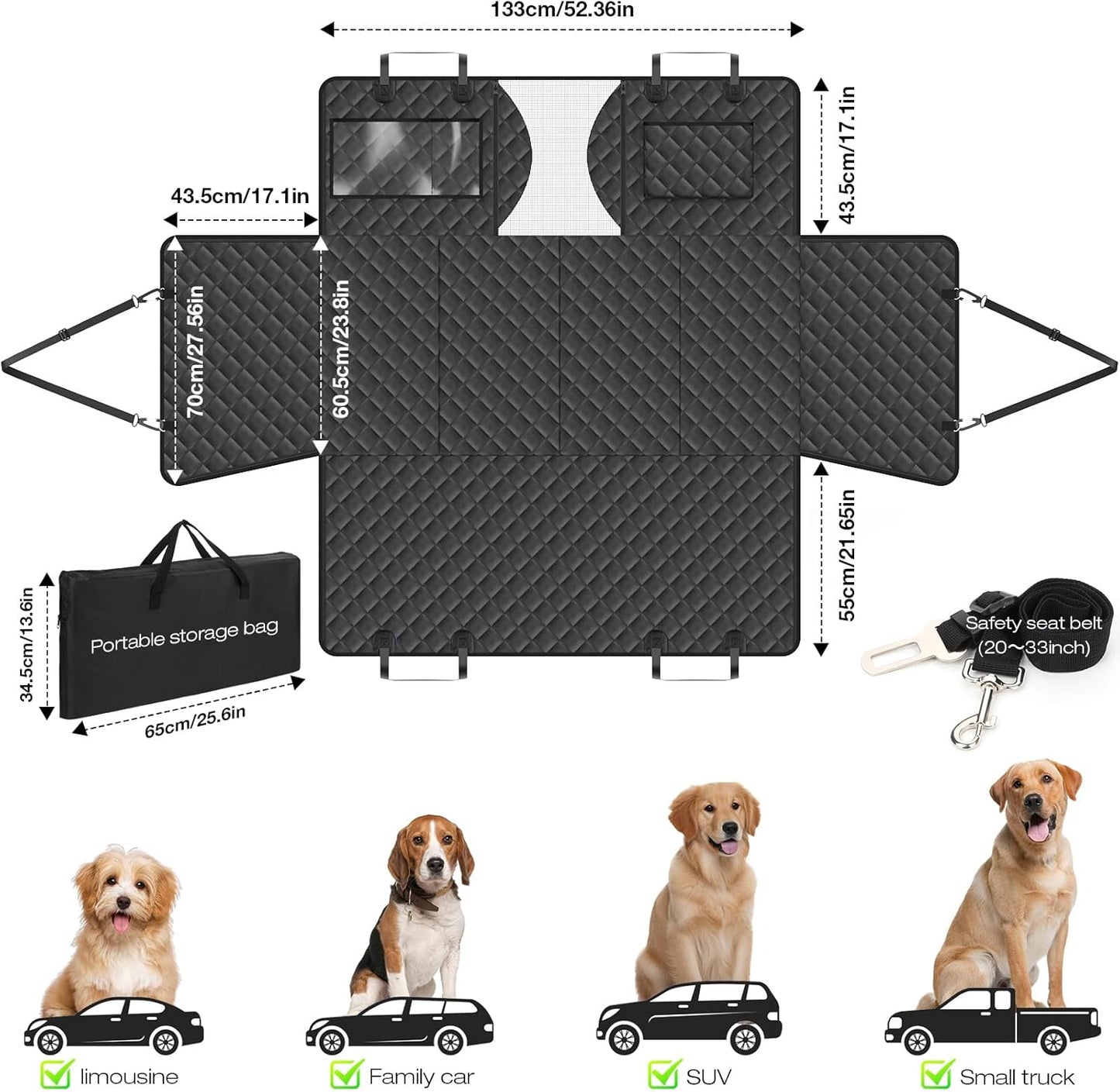 AsFrost Upgraded PU Leather Dog Car Seat Cover for Back Seat, Waterproof Scratchproof Back Seat Extender Protector with Hard Bottom for Dogs Travel Camping, Dog Hammock Bed for Cars SUVs Trucks-Black