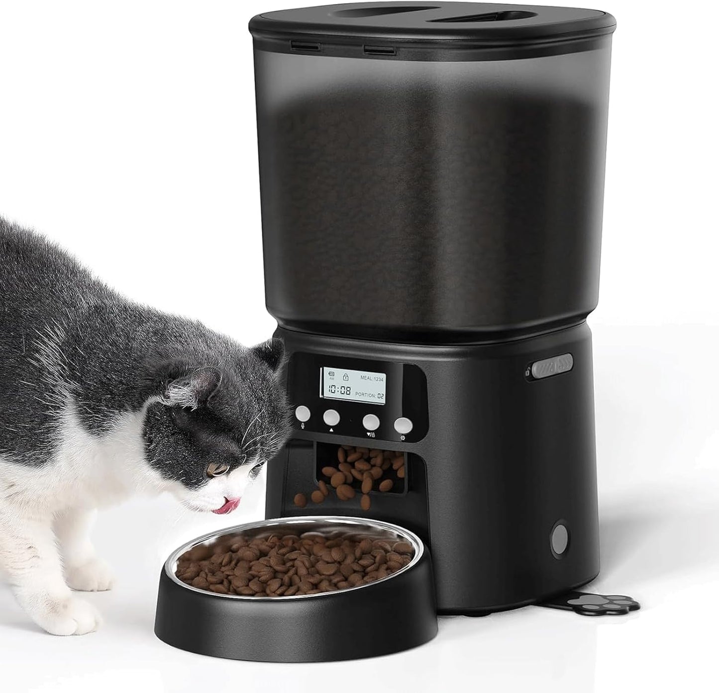 Automatic Cat Feeder, 4L Timed Dry Food Dispenser with Stainless Steel Bowl, Pet Food Feeder for Cats & Small Dogs, Programmable for 6 Meals & 30 Portions Per Day, 10S Voice Record, Dual Power, Black