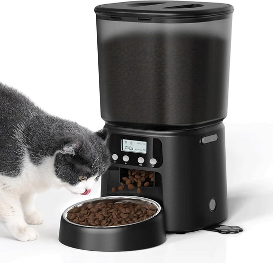 Automatic Cat Feeder, 4L Timed Dry Food Dispenser with Stainless Steel Bowl, Pet Food Feeder for Cats & Small Dogs, Programmable for 6 Meals & 30 Portions Per Day, 10S Voice Record, Dual Power, Black