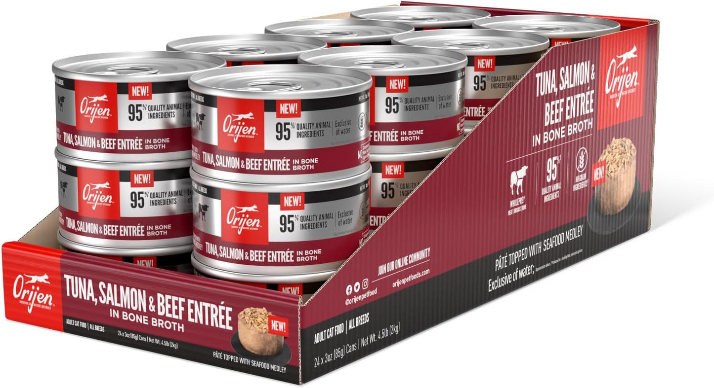 ORIJEN Premium Pate Wet Cat Food in Bone Broth Tuna Salmon & Beef Entrée 3oz Cans (24 Count)