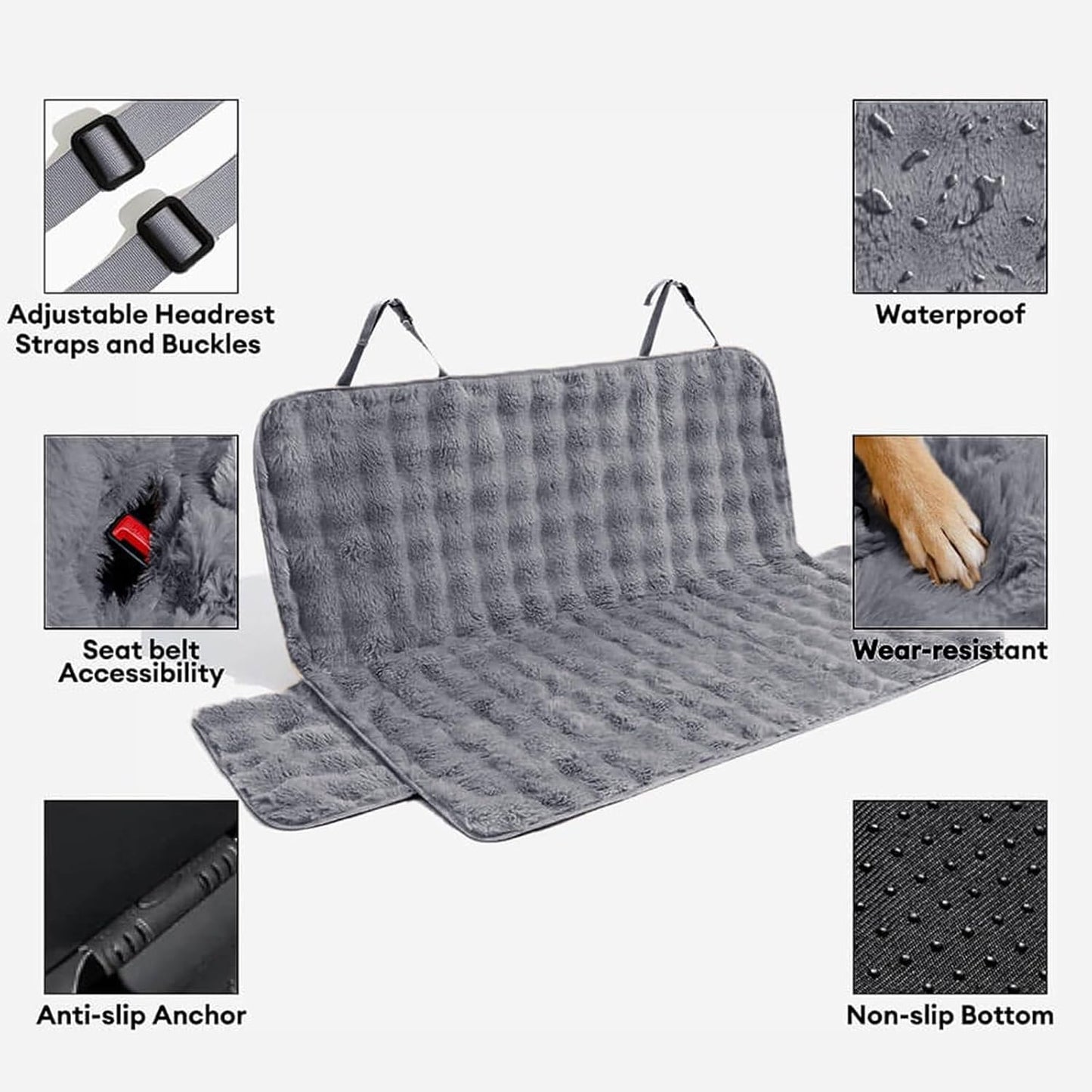 FUNNY FUZZY Fluffy Dog Car Seat Cover for Back Seat (Bench), Water-Resistant with Nonslip Backing,Pet Seat Protector for Cars SUVs Trucks（Gray