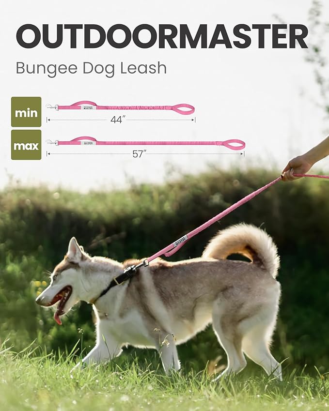 OutdoorMaster Bungee Dog Leash, Heavy Duty Dog Leash with Shock Absorption, 2 Padded Handles Training Leash, Improved Dog Safety and Comfort (Pink, 4FT)