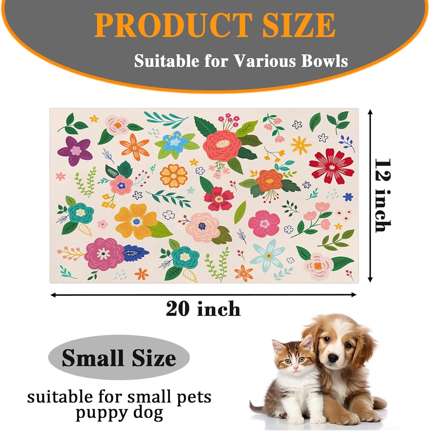 Pet Dog Food Mat Large - Absorbent Non-Slip Placemat for Dog Bowl,Cat Feding Mats for Floors,Dishmat for Food and Water,12"x20"(Colorful Flower)