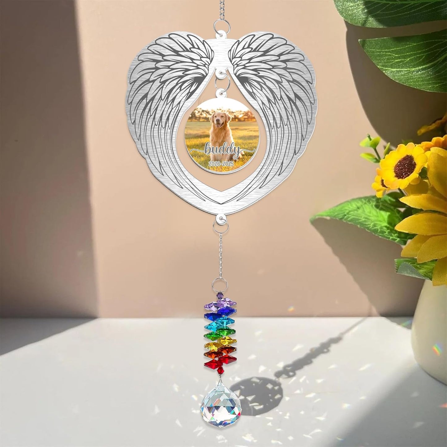 Personalized Dog Memorial Suncatcher, Pet Loss Ornament for Dog Owner - Angel Wings Frame with Custom Photo & Years - Rainbow Crystal Remembrance Gift for Christmas