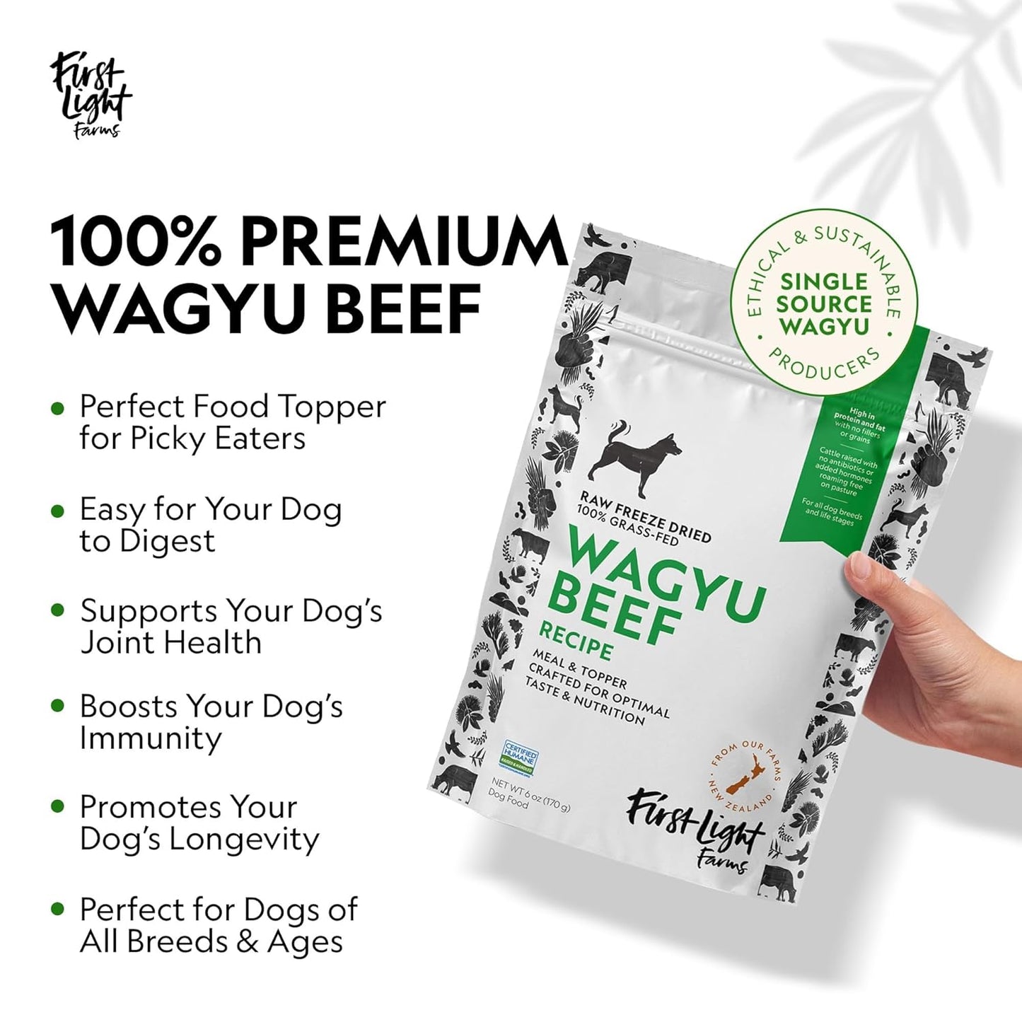 First Light Farms Freeze-Dried Dog Food Topper for Picky Eaters | High Protein Treat | Grain-Free Formula for All Breeds & Life Stages | Premium Wagyu Beef & Certified Humane | 6oz Bag
