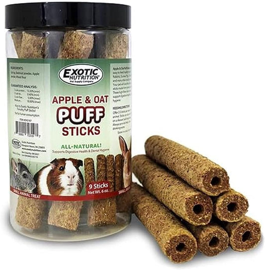 Apple & Oat Puff Sticks (6 oz.) - Healthy Natural High Fiber Chew Treat Made with Oat Hay - Rabbits, Guinea Pigs, Hamsters, Chinchillas, Degus, Prairie Dogs, Squirrels, Skunks, Opossums, Small Pets