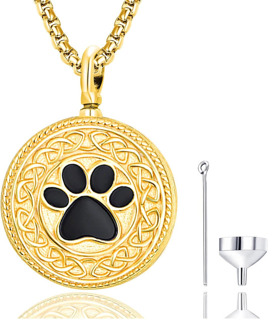 Pet Cremation Urn Necklace for Dog Cat Ashes 925 Sterling Silver Paw Print Keepsake Pendant Celtic Knot Memorial Jewelry for Women Men