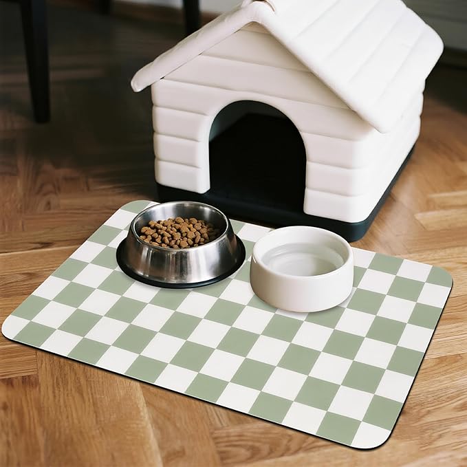 Checkered Pet Feeding Mat, Absorbent Dog Mat for Food and Water Bowls Dispenser 16" x 24" Green