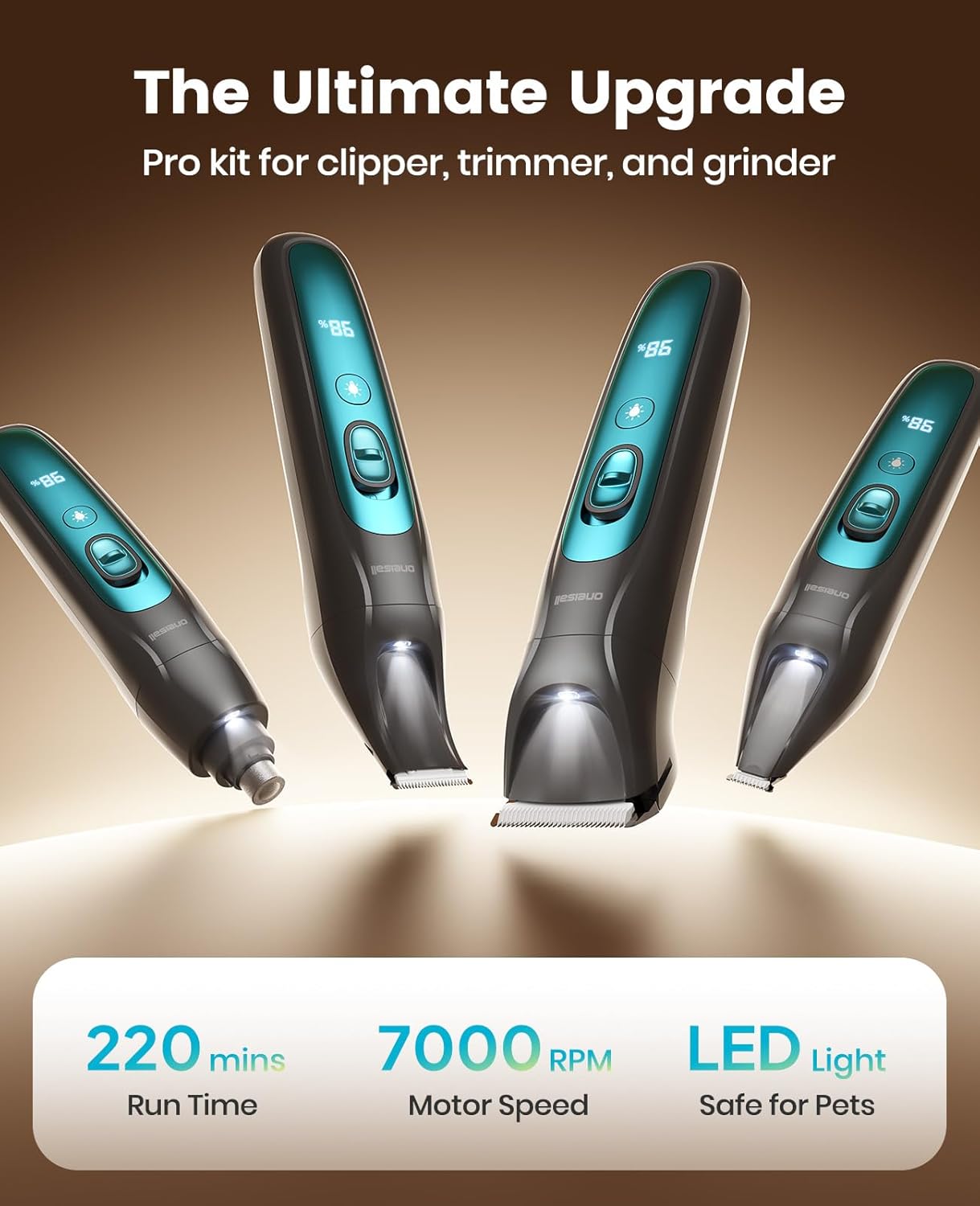 oneisall Quiet Dog Clippers for Grooming LED Light, Cordless Dog Grooming Kit 4 in 1, 2000mAh Pet Clippers Paw Trimmer Nail Grinder for Paw, Nail, Face, Ears, Legs, Body