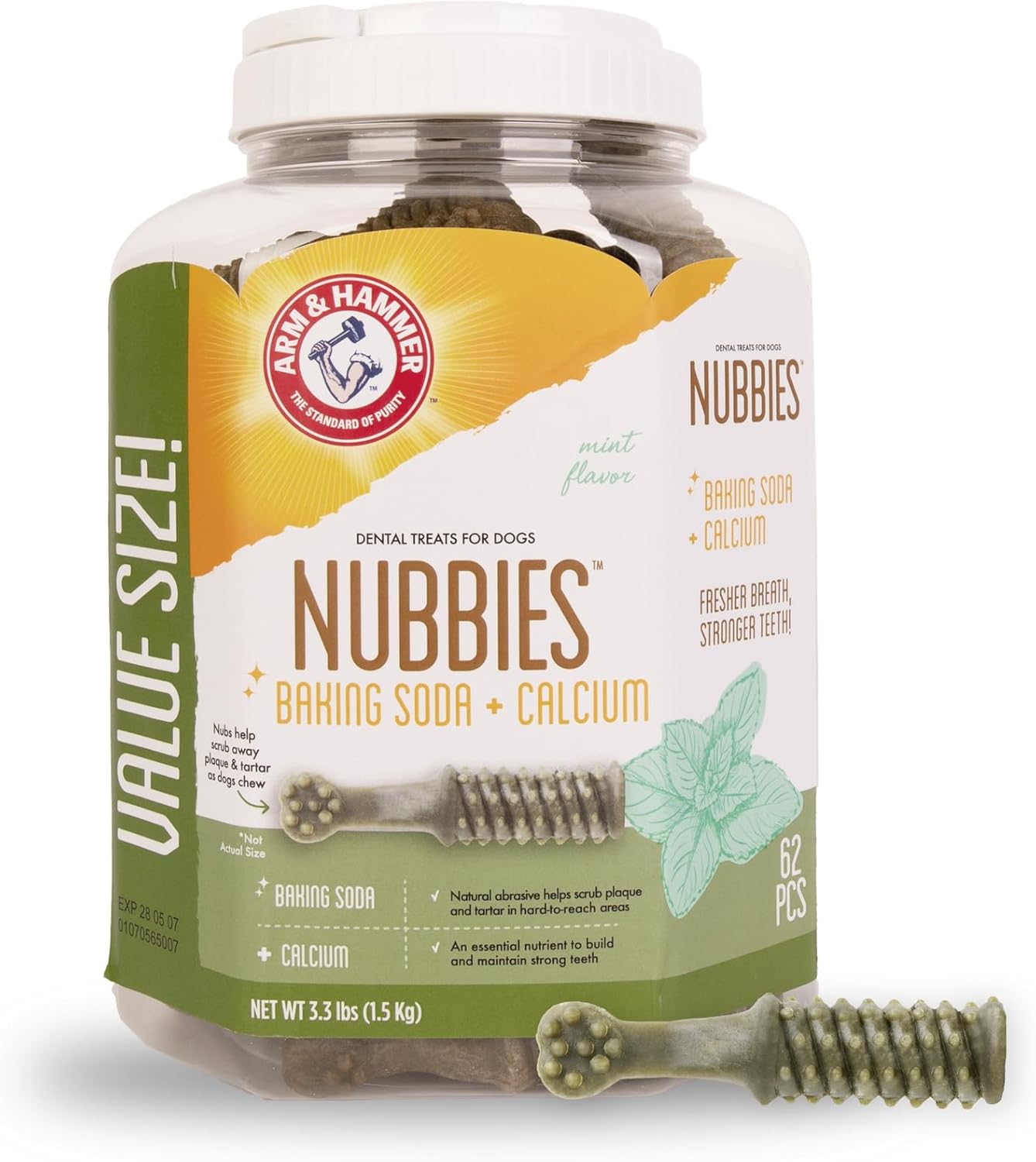 Arm & Hammer for Pets Nubbies Dental Treats for Dogs with Baking Soda and Calcium, Treat Chews Help Fight Bad Breath, Plaque & Tartar without Brushing, Md Size Mint, 62 Pcs (Packaging may vary)