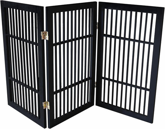 Pet Dog Gate Strong and Durable Freestanding Folding Acacia Hardwood Portable Wooden Fence Indoors or Outdoors by Urnporium (Black Pet Gate, 3 Panel 30" Tall)