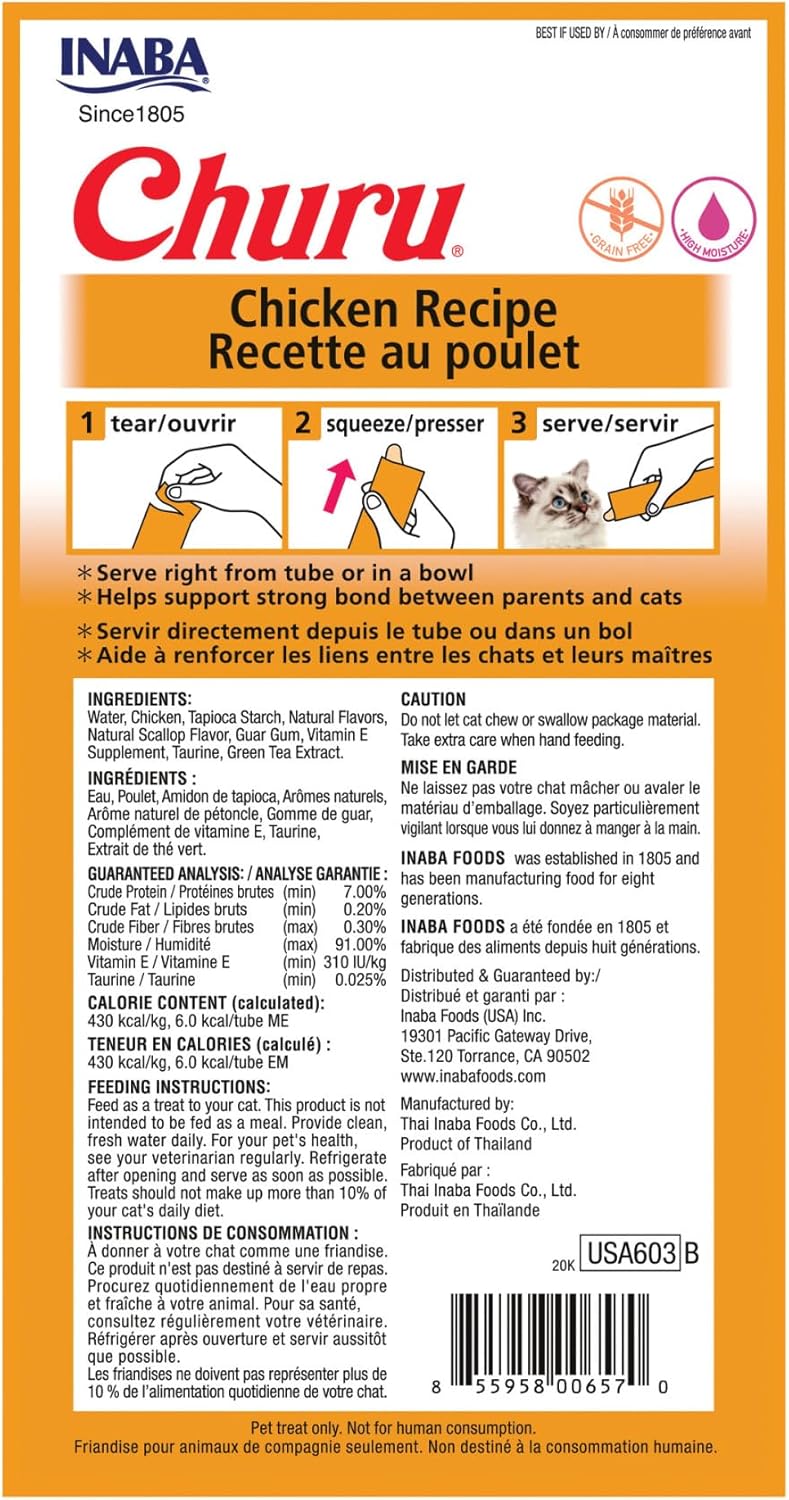 INABA Churu Cat Treats, Grain-Free, Lickable, Squeezable Creamy Purée Cat Treat/Topper with Vitamin E & Taurine, 0.5 Ounces Each Tube, 24 Tubes (4 per Pack), Chicken Recipe