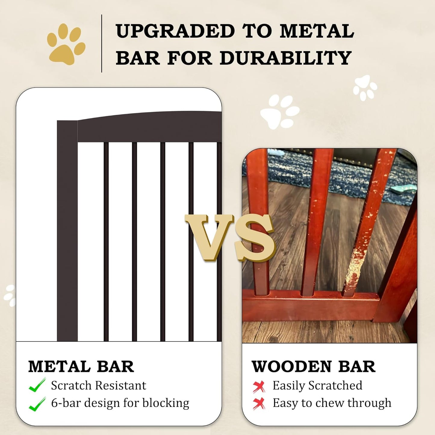 Freestanding Pet Gate with Door, Tall Dog Gate for House, Extra Wide, Pet Puppy Safety Fence, Support Feet Included, 120 Inch Wide, 6 Panels 32" Tall, Brown