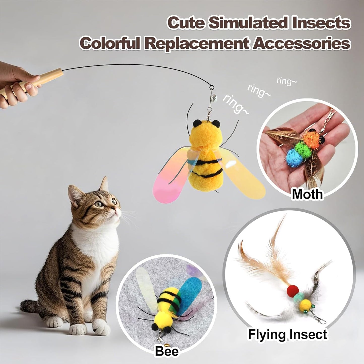 Kingtree Cat Teaser Wand Toys, 8 Pack Feather Wand Cat Toy Set with 6Pcs Insects Feather Refills & 2Pcs Flexible Steel Wire Teaser Wands, Interactive Pet Feather Toys for Play Chase Exercise