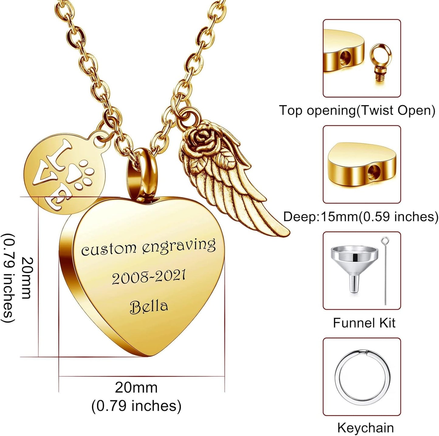 MeMeDIY Personalized Heart Paw Print Ashes Urn Pendant Necklace Custom Name/Photo/Date for Women Men Pet Lover Stainless Steel Memorial Dog Cat Pet Keepsake with Funnel Fill Kit Angel Wing