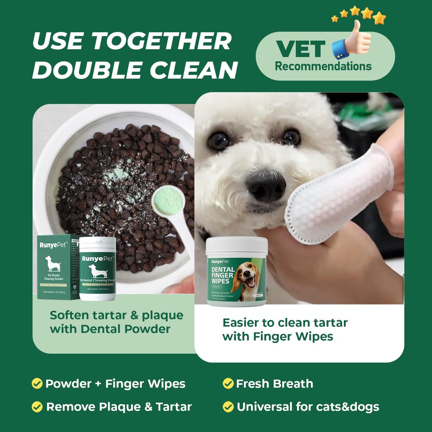 Pet Dental Finger Wipes for Dog & Cats, Remove Bad Breath by Removing Plaque and Tartar Buildup No-Rinse Dog Finger Toothbrush, Disposable Gentle Cleaning & Gum Care Pet Wipes, 100 Counts