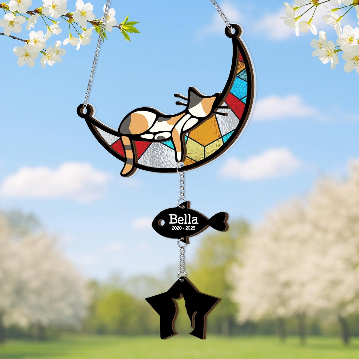 Custom Stained Glass Sleeping Cat Suncatcher |Cat Loss Sympathy Gift | Customized Pet Memorial Suncatcher with Charms | Custom Pet Memorial Gifts| Best Gifts for Your Beloved Cats Passed Away