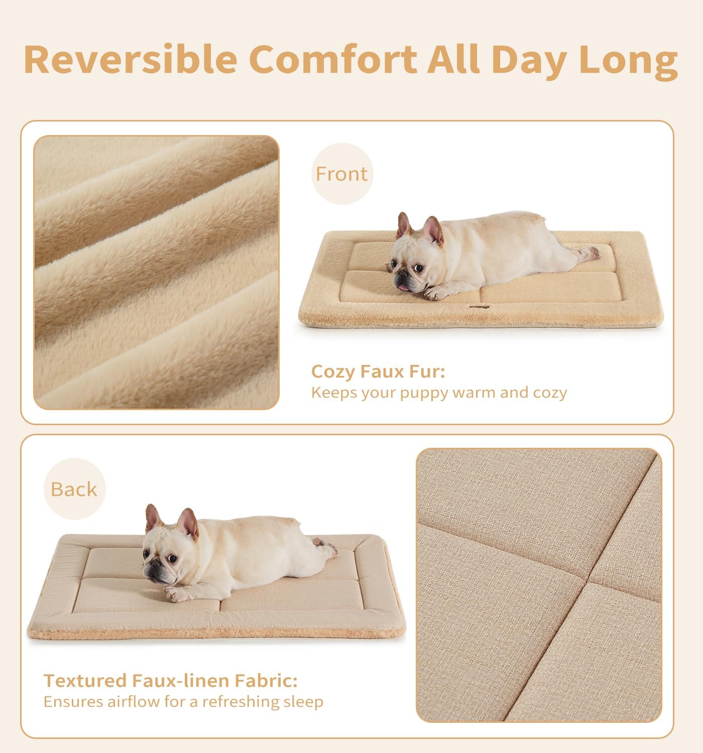 Made4Pets Dog Crate Pad Bed for Small Dogs, Washable & Reversible, Anti-Slip Kennel Mat for Cozy Sleeping, Soft Fluffy Dog Bed for Indoor & Outdoor Use, 24"x18", Khaki