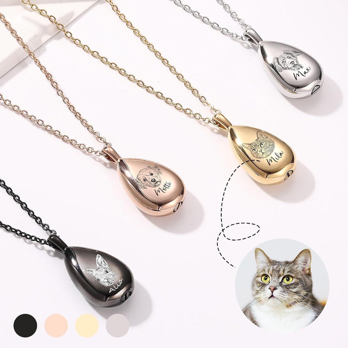 MMXX Personalized Pet Portrait Teardrop Urn Necklace with Name/Photo Stainless Steel Pendant - Cremation Jewelry for Pet Memorial Gifts - Funnel Kit Included