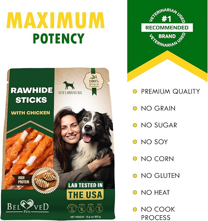 Dog Treats Rawhide Sticks 11 oz Wrapped with Chicken Pet Natural Chew Treats - Grain Free Meat & Human Grade Dried Snacks - Best for Small & Large Dogs (10.6 Ounce (Pack of 1), Rawhide Sticks)