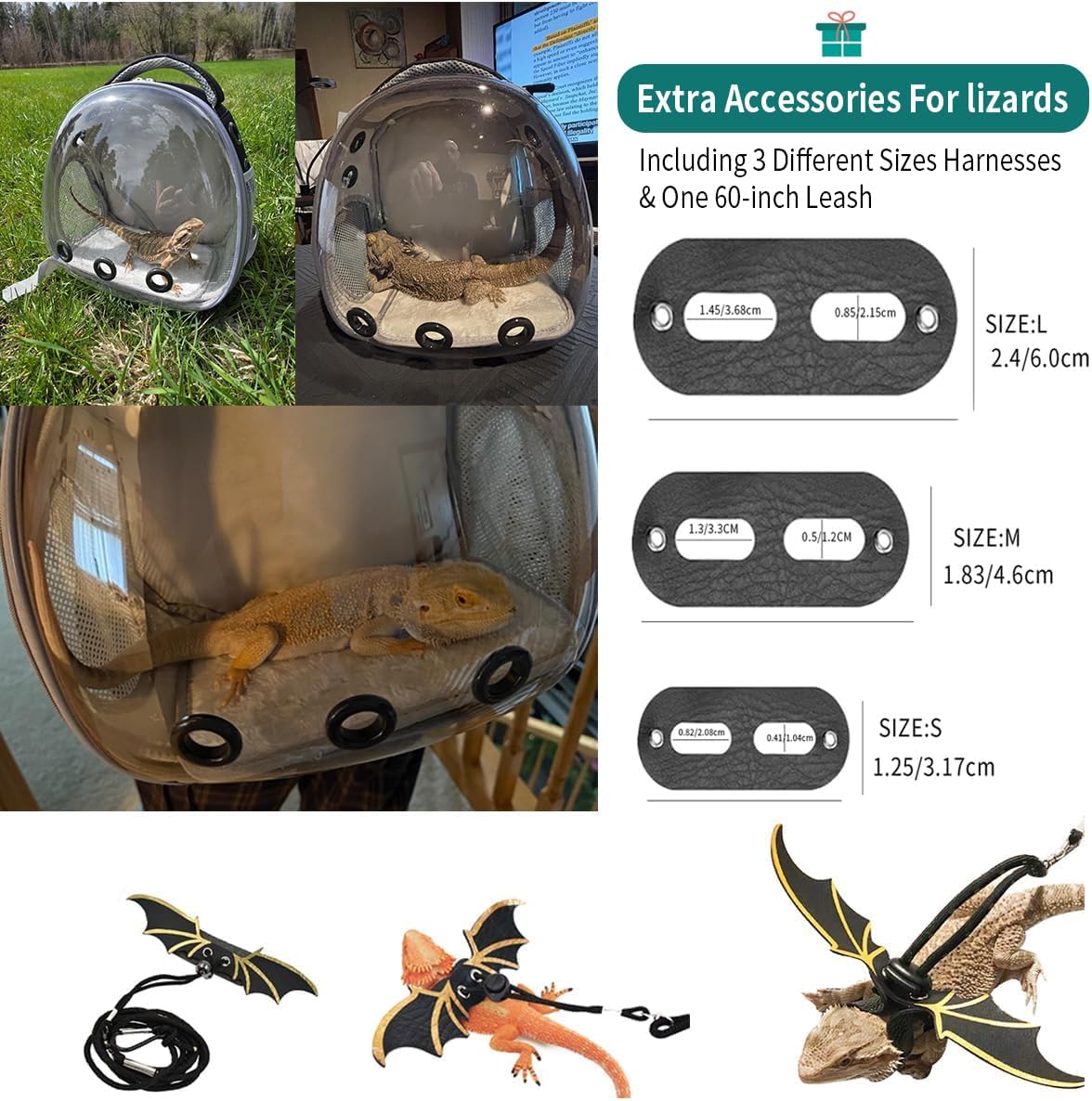 Bearded Dragon Lizard Backpack Carrier with Harness and Leash Set, Small Animal Carrier Backpack, Space Capsule Bubble Window, Small Pet Carrier Backpack, Airline Approved (Black)