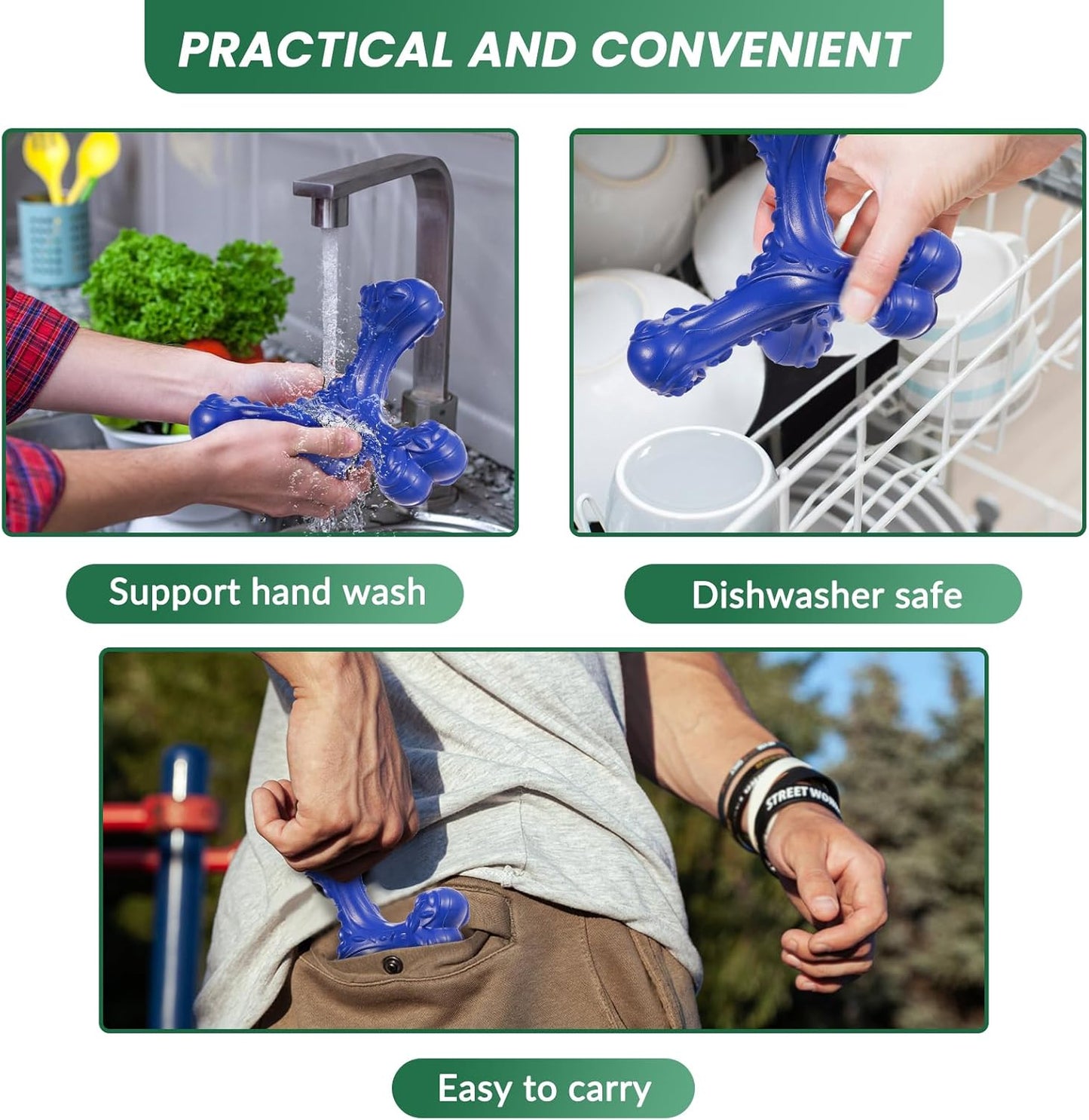 Dog Chew Toys for Aggressive Chewers Large Breed,Indestructible Bones Toy，Durable Cleaning Toothbrush Natural Rubber Dog Toys… (Deep Blue)