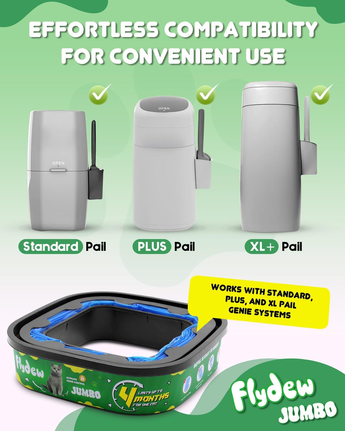 Cat Litter Refill Bags - 4-Pack Lasts 16 Months Jumbo Genie Refill Cartridge, for Cat Genie Standard, Plus, XL+ Pail Refills, EVOH Odor Control,Pet Genie Refill