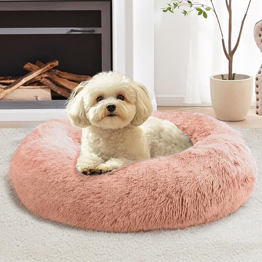 JOLLYVOGUE Medium Calming Dog Bed, Anti-Anxiety Donut Cuddler Cat Bed with Anti-Slip Bottom, Fluffy Faux Fur Machine Washable Pet Cushion for Medium Large Dog & Cat (31")