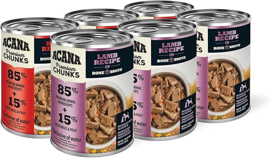 ACANA Premium Chunks in Bone Broth Grain-Free Wet Dog Food Variety Pack: Beef + Lamb Recipes 12.8oz Cans (6 Count, 3 of Each)