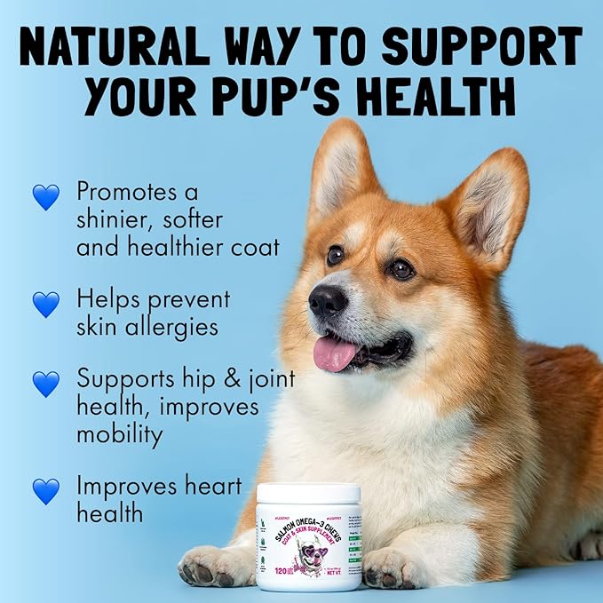 Omega 3 Alaskan Salmon Oil Treats for Dogs 120 Fish Oil Chew Supplement Skin and Coat Allergy and Itch Relief Hip & Joint Health Brain Shedding Hot Spots Treatment Omega 3 6 9 EPA & DHA Fatty Acids