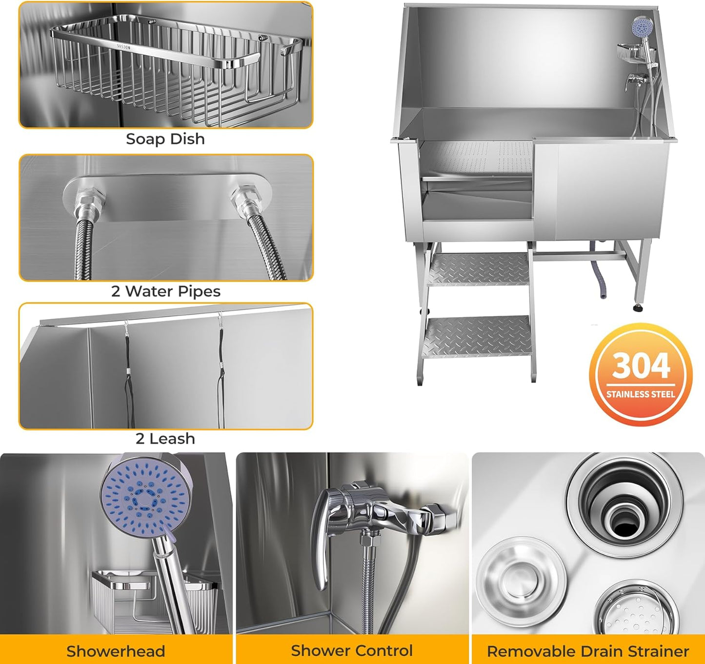 Professional Stainless Steel Dog Washing Station for Home, 50" Dog Bathtub for Large, Medium and Small Pet, Dog Grooming Tub with Anti-Slip Steps, Faucet, and Soap Box (Left Door)