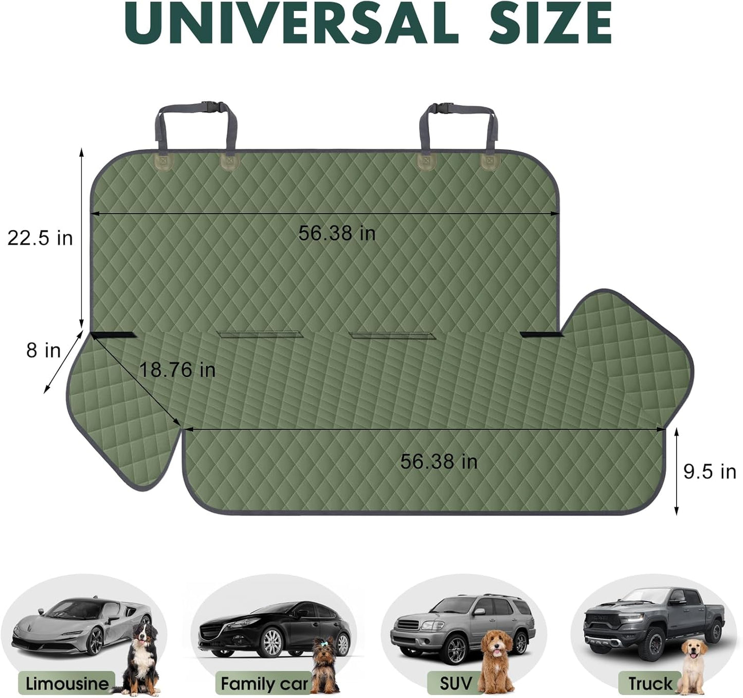 Backseat Cover for Dogs, Waterproof and Non-Slip Pet Bench Seat Covers, Car Seat Protector for Back Seat, Universal Size Rear Car Seat Cover Fits Cars, Trucks and SUVs, L-Army Green&Grey