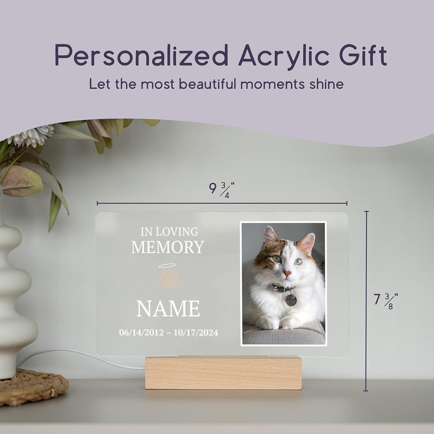 Cat Memorial Gifts/Memorial Gifts/Pet Memorial Stones/Personalized With UV Printed Acrylic/LED Base For Perfect Ambiance