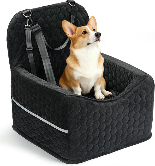 Dog Car Seat for Small/Medium Pets, Adjustable Booster Seat with Safety Leash, Washable Cover & Storage Pockets (Up to 35 lbs, Black)