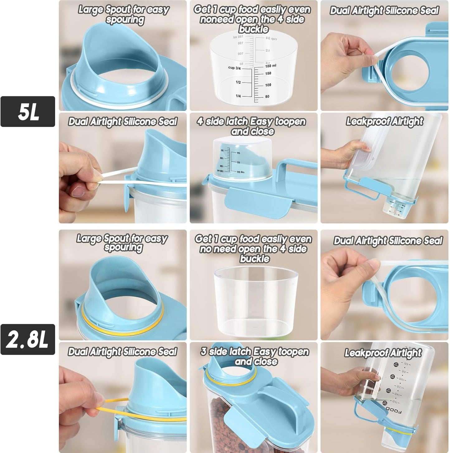Dog Food Storage Container, Upgraded Large Nozzle BPA-free, 3-5 LBS Plastic Pet Food Storage Containers, With 4 Sealed Clasps, 1 Measuring Cup and Handle (Bright blue-A)
