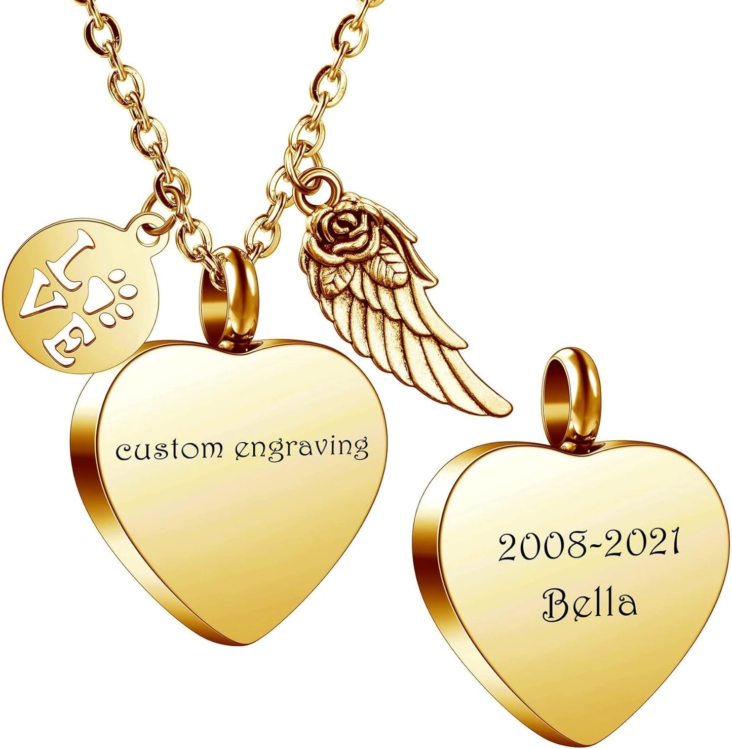 MeMeDIY Personalized Heart Paw Print Ashes Urn Pendant Necklace Custom Name/Photo/Date for Women Men Pet Lover Stainless Steel Memorial Dog Cat Pet Keepsake with Funnel Fill Kit Angel Wing