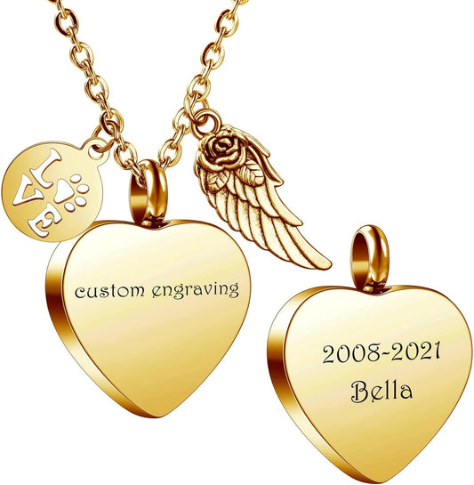 MeMeDIY Personalized Heart Paw Print Ashes Urn Pendant Necklace Custom Name/Photo/Date for Women Men Pet Lover Stainless Steel Memorial Dog Cat Pet Keepsake with Funnel Fill Kit Angel Wing
