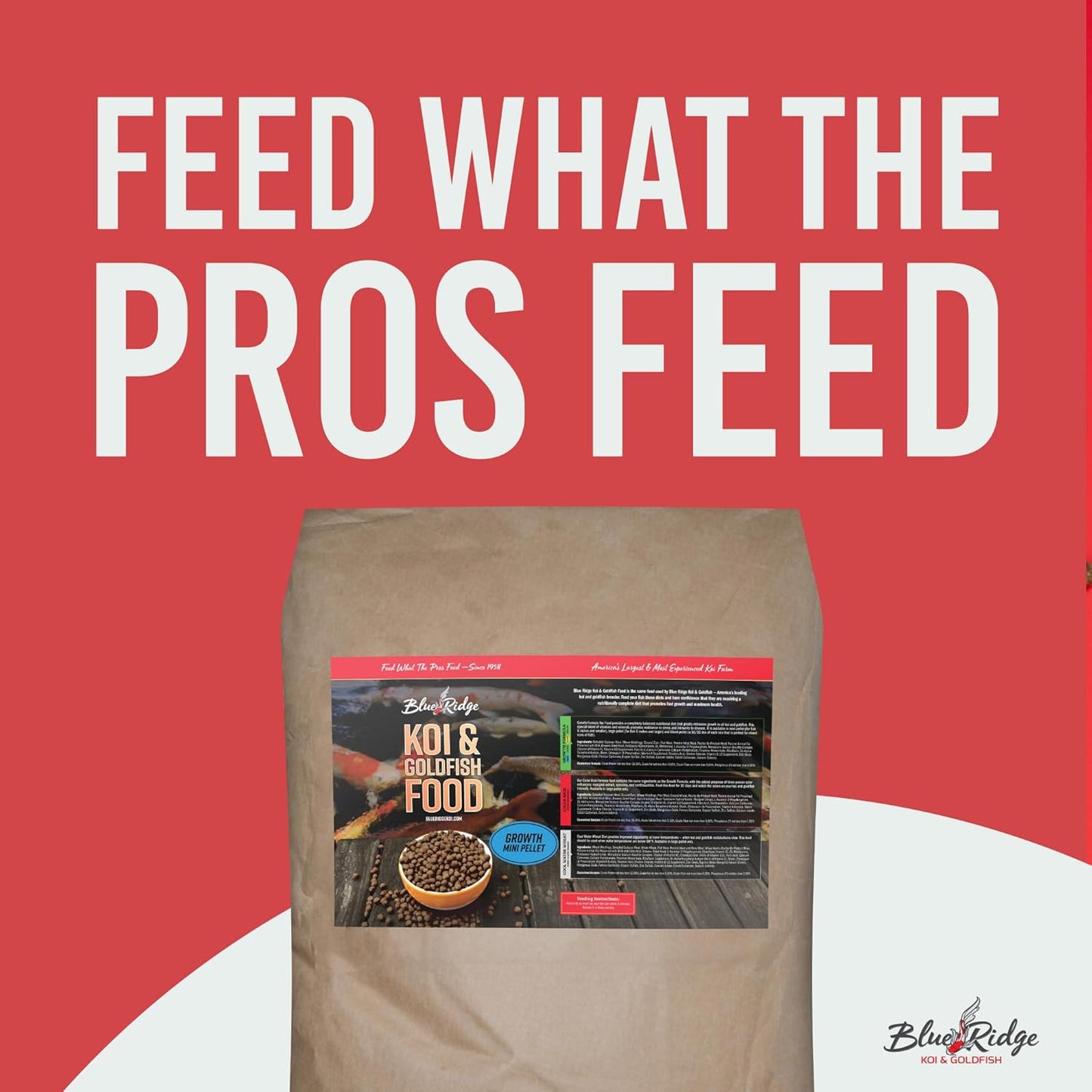 Blue Ridge Koi Fish Food 50lb - Koi Food Mini Growth Formula, Goldfish Food, Premium Fish Food for Ponds, Ponds Fish Food, Floating Pond Pellets