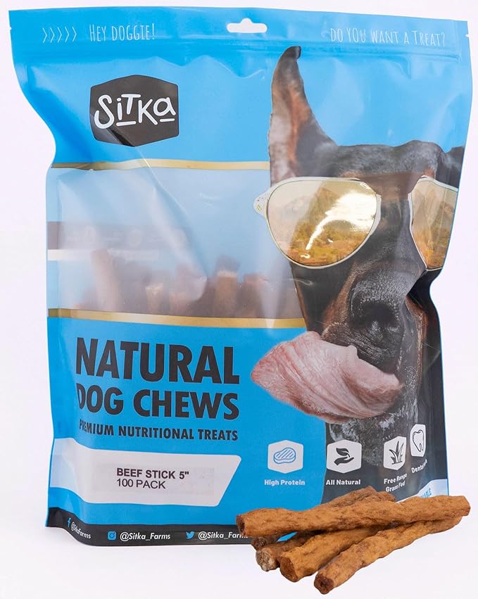 Sitka Farms Beef Sticks for Dogs 5 Inch - Crunchy Beef Munchy Sticks - 100 Count - for Small Medium and Large Dogs - Enhaced with Bully and Collagen