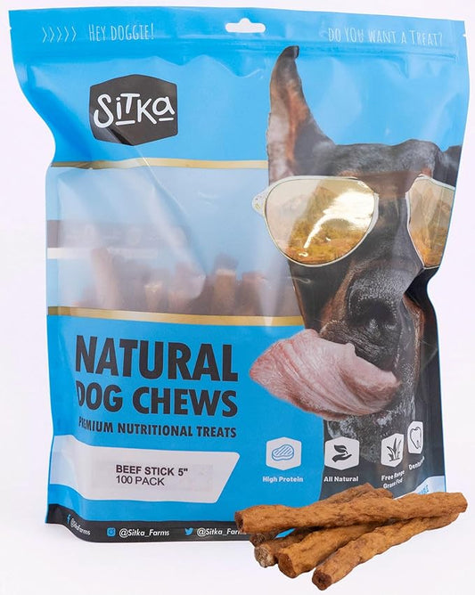 Sitka Farms Beef Sticks for Dogs 5 Inch - Crunchy Beef Munchy Sticks - 100 Count - for Small Medium and Large Dogs - Enhaced with Bully and Collagen