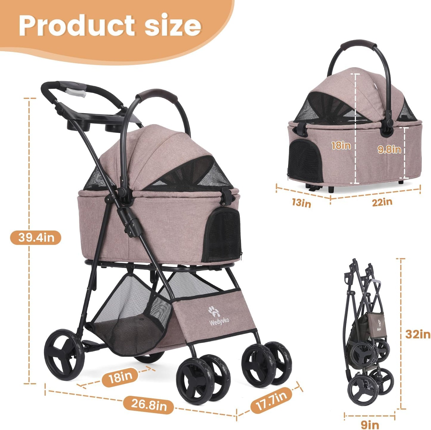 Pet Stroller, 4 Wheels Pet Strolling Cart for Medium/Small Dogs and Cats, Foldable Cat Jogger/Dog Stroller with Cup Holder, Storage Basket, Breathable Mesh, All-Season Pet Carrier (Coffee)