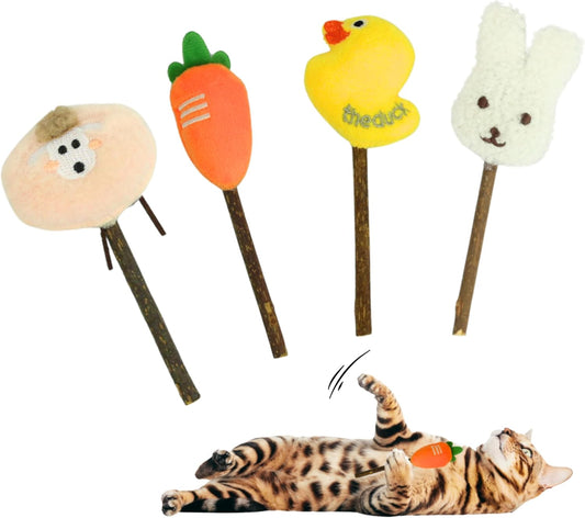 Nature Silvervine Sticks for Cats, 4 Pack Cat Toys for Indoor Cats, Kitten Chew Toy for Teeth Cleaning, Carrot Duck Sheep Bunny Plush