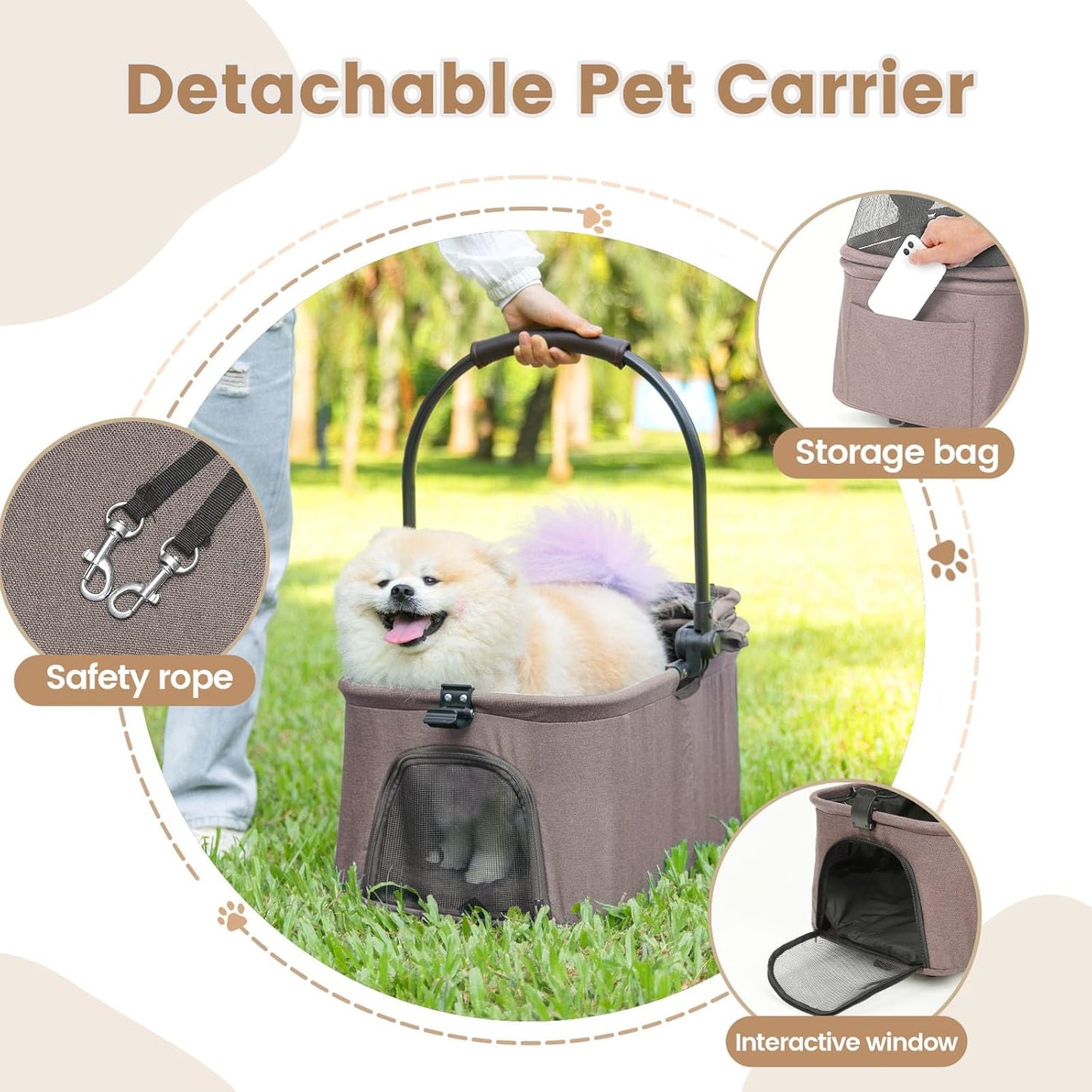 Pet Stroller, 4 Wheels Pet Strolling Cart for Medium/Small Dogs and Cats, Foldable Cat Jogger/Dog Stroller with Cup Holder, Storage Basket, Breathable Mesh, All-Season Pet Carrier (Coffee)
