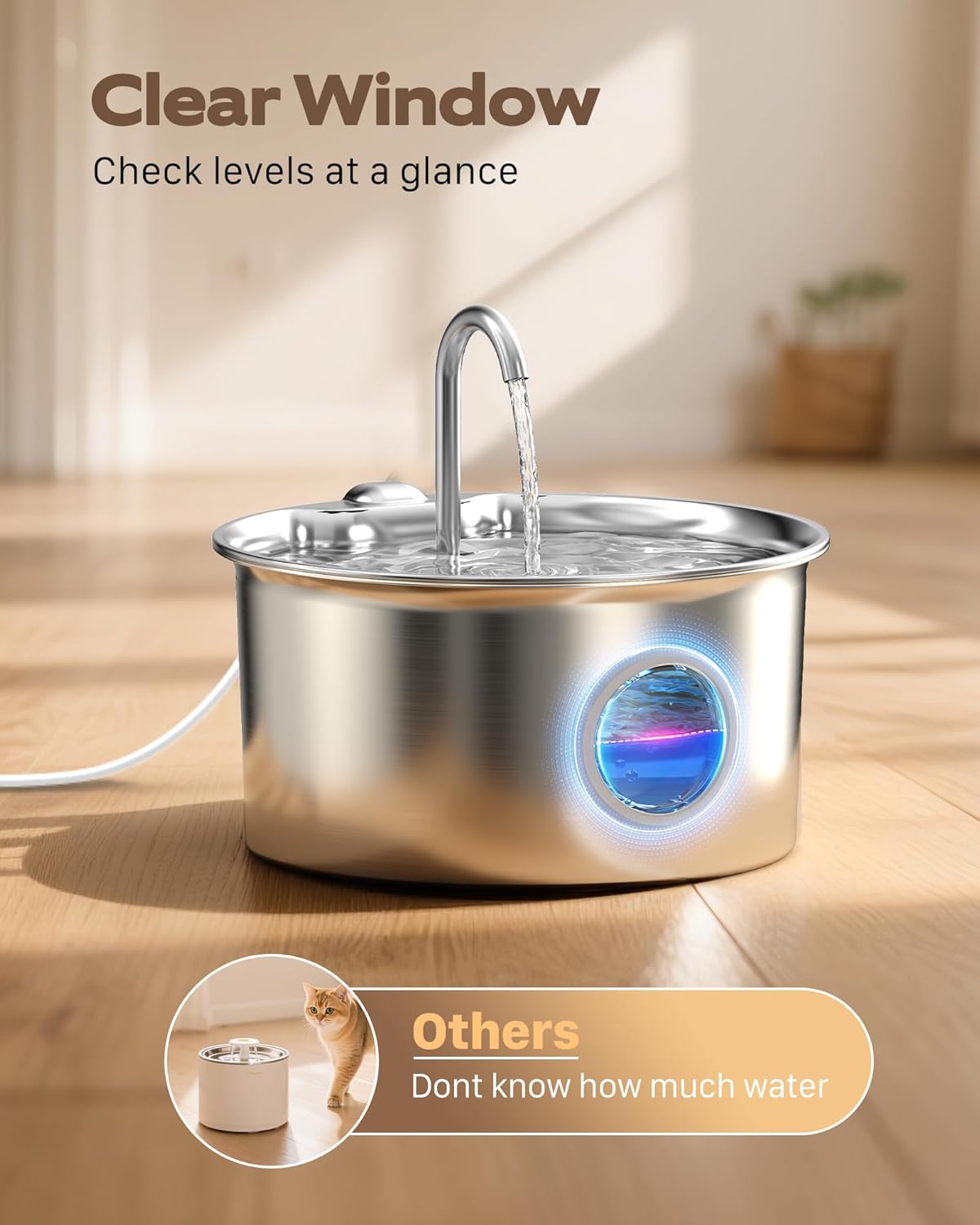 Pet Water Fountain Stainless Steel: Mental Cat Water Fountains for Cats Indoor - 88oz/2.6L Noiseless Cats Waterer Bowl Dispenser - ATMZIQXR Kitten Drinking Fountains with 8 Filters + 8 Sponges