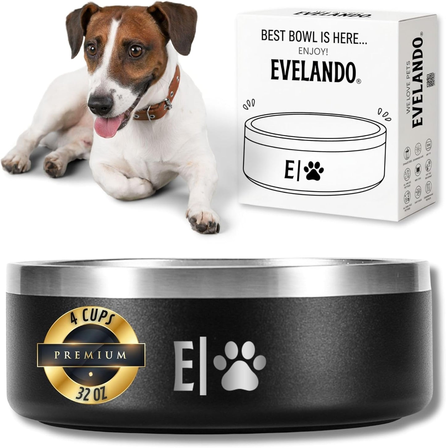 EVELANDO® 32 oz (4 Cups) Premium Stainless Steel Dog Bowl – Triple Insulated to Keep Water Fresh/Cold & Food Warm. Non-Slip Silicone Base, BPA Free Elegant Dish for Small/Medium Dogs & Medium Cats.